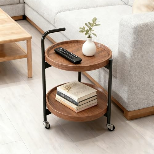 NXDHPLIENG 2 Tier Round End Table with Wheels, Sofa Small Coffee Occasion Table for Elderly, Bedside Swivel Table with Storage, Kitchen Trolley for Small Spaces, Bedroom, Living Room, Walnut