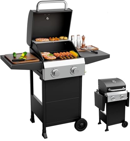 Bonnlo 2 Burners Portable Gas Grill with Enameled Cast Iron Grates, Powerful 24,000 BTU Propane Grill with Side Shelf & Bottom Cabinet, Outdoor Grill with Wheels for Patio Backyard Garden BBQ Use