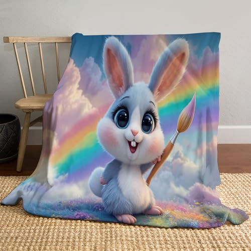 MIATCENRT Paintbrush Rabbit Rainbow Blanket, Soft Plush Fleece Cartoon Throw Blanket - Cozy Warm Stuffed Blankets Flannel Throw 220x240cm Bedding Gifts for Kids Adults 86X94in