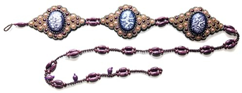 Ceinture artisanale fleur grappe violette en porcelaine et perles de verre