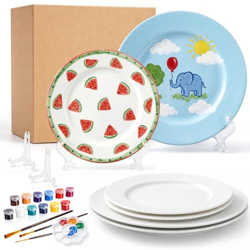 Sinmoe Keramik Bemalen Set Teller zum Bemalen Enthält 4 Porzellanteller 3 Pinsel 12 Acrylfarben 1 Geschenkbox 1 Palette 4 Tellerständer Geburtstag DIY Geschenke(8 und 10 Zoll,Moderner Luxus,4 Stück)