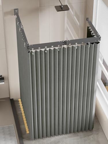PEESHON Tringle Rideau Douche Sans Perçage, Pliable 2m, avec Rideau de Douche 1,8×2m, Tringle à 5 Plis et Barre Télescopique 25,5 cm, pour Salle de Bain, Vestiaires, Camping-cars (Gris)