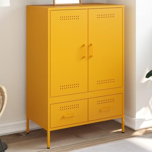 WHOPBXGAD Industrie-Stil Highboard Senfgelb 101.5 cm Stahl Sideboard mit Türen und Schubladen, robuster Stauraum für Wohnzimmer und Schlafzimmer, verstellbare Füße, einfach zu reinigen