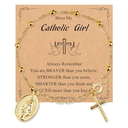 ARYIMYDP Bracelet Croix pour Fille, Cadeau de Communion et Baptême, Bijou Religieux pour Enfant, Chaîne en Acier Inoxydable Doré, Longueur Réglable avec Carte de Vœux