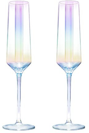 Gutsdoor Crystal Champagne Flutes Glass Set of 2 Iridescent Champagne Glass Flutes Wedding Christmas Valentine Cheers Champagne Flutes