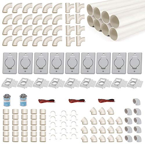 Zentralstaubsauger Einbau-Set für 9 Saugdosen mit Rohren, Fittings & Co. - Montageset für DIY-Einbau einer Staubsaugeranlage - Saugdose Deckel rund