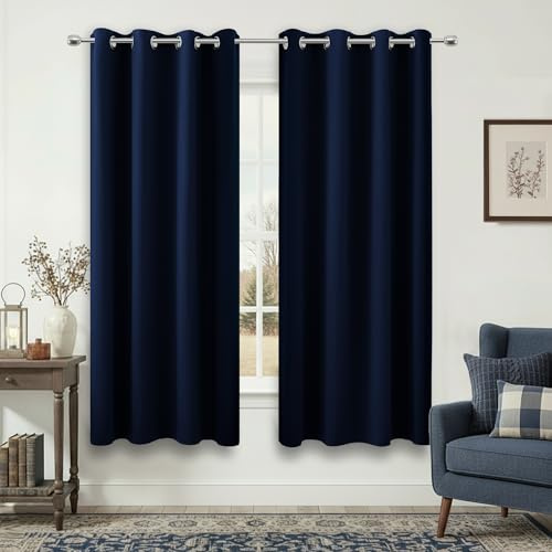 Navy Blue Black Out Curtains 63 Inch Long 2 Panels Burg,Thermal Insulated Pair Grommet Total Blackout Window Shades Light Blocking Dark Curtains for Living Room Kids Children Boy Bedroom 63 Length