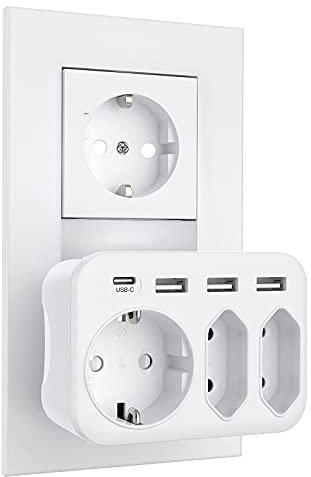 Massway 7 in 1 Mehrfachstecker Steckdosenadapter - 3 Fach Mehrfachsteckdose (4000W) Mit USB-C (3A) und 3 USB A - Verteilersteckdose Doppelstecker für Wand Steckdose