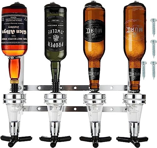AHUNTTER 4 Bottle Optics for Spirits Bar Butler Wall Mounted Bottle Bracket Alcohol Wine Upside Down Drink Dispenser Stand Rack for Home Pub or Kitchen Bar, 30ml Optic Spirit Barware Set