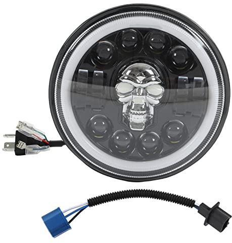 7In Motorcycle Skull Headlight,Motorcycle LED Angel Eye Headlight, Skull Head Pattern Round Headlight White Lighting(7 inches in diameter)