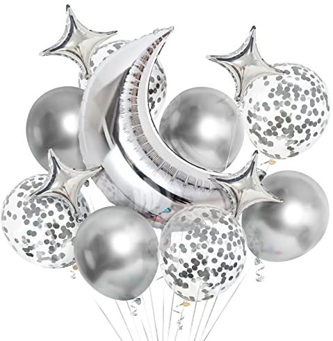 Bealif 13 palloncini a forma di luna e stella, in Mylar color argento, metallizzati, per baby shower, feste di compleanno, matrimoni, anniversari di matrimonio, 13 pezzi