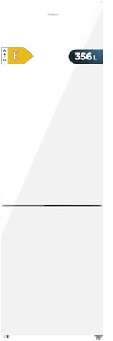 Cecotec Frigorífico Combi Bolero CoolMarket Combi 356 White Glass E. Compresor Inverter Plus Frigorífico Combi Cristal Blanco 200X59.5Cm, 356L, No Frost, Clase E, Multiairflow, Fast Cooling