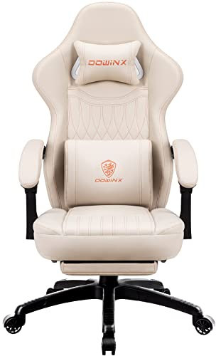Dowinx Gaming Stuhl mit Frühling Kissen,Racing Gamer Stuhl mit Massage Lendenwirbelstütze, Ergonomischer Gaming Sessel mit Fußstütze Bürostuhl PU Leder Weiß