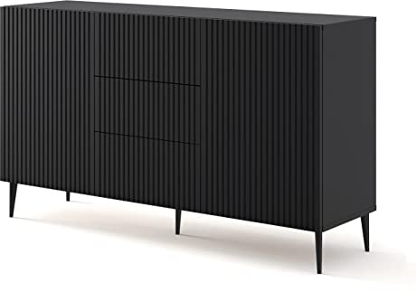 BIM Furniture Kommode Ravenna B 2D3S 150 cm mit gefräster Front Hochwertiges MDF, Sideboard, Buffet auf Schwarze Metallstiftbeinen, 2 Schränke, 3 Schubladen Schwarz Matt