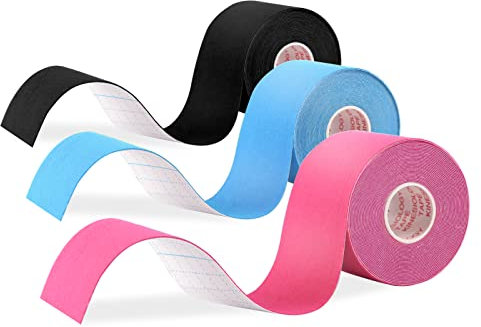 JOPHEK Kinesio tape 3 rotolo, Rosa & Blue & Nero, 5m x 5cm, Nastro kinesiologico impermeabile ed elastico, Ideale per il ginocchio, articolazioni, supporto muscolare