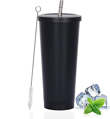 LATERN Bicchiere da Caffè Ghiacciato con Coperchio e Cannuccia, 750ml Isolato Coppa in Acciaio Inossidabile Tazza da Viaggio Sottovuoto a Doppia Parete Bicchiere D'Acqua Riutilizzabile (Nero, 1Pz)