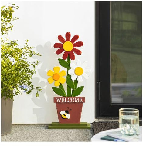 Glitzhome 76,2 cm Willkommensschild für Haustür, Veranda, Außendekoration, Holz-Trio-Blumen mit Willkommensschild für Terrasse, Haustür, Außenbereich