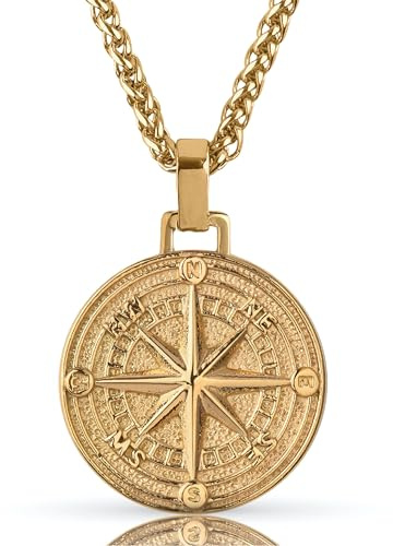 Forge & Foundry kompass hänge halsband med 53 cm vetekedja och förlängare ingår | 2.0 navigator, Guldpläterad, Ingen ädelsten