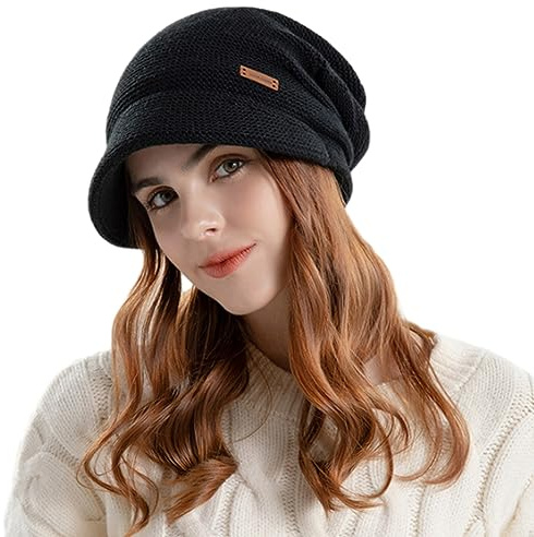 Winter Womens Slouchy Knit Beanie Hat Wide Brim Beret Hat Soft Fleece Liner Crochet Skull Cap Visor Beanie Newsboy Hats Outdoor Winter Ski Hats for Ladies Girls Chunky Cap Warm Chemo Hats for Hair