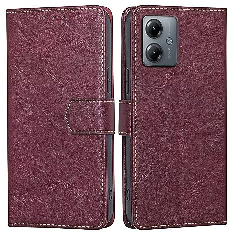 RankOne Funda Compatible con Motorola Moto g14 (6.5 Inches), Funda de Piel Tipo Folio Flip Protectora con Ranura para Tarjeta Carcasa - Rojo