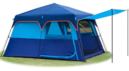 KTT Large Tent 6-8 Person,Family Cabin Tents,Instant,2 Rooms,3 Doors and 3 Windows with Mesh,Straight Wall,Waterproof,Double Layer,Big Tent for Outdoor,Picnic,Camping,Family Gathering(Dark Blue)
