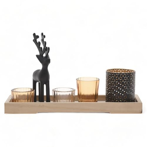 MIJOMA | Snygg värmeljushållare set hjort, 6 delar med träbräda, dekorativa hjort och glas ljusglas i bruna nyanser | trendig presentsats | 17 cm hög (bricka träfärger, 32 x 10 x 17 cm)