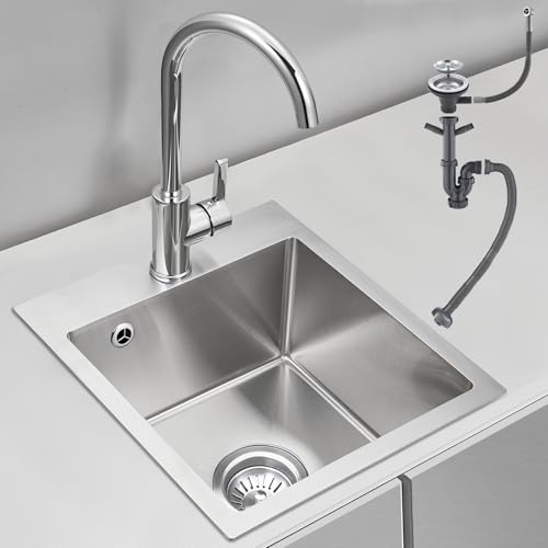 ROVOGO Küchenspüle 50x40cm Edelstahl 304 Gebürstet mit Armaturloch 1 Becken | Spülbecken Küche mit Ablaufgarnitur und Überlauf-Set, Einbauspüle Rechteckig, Einbau Spüle Klein Edelstahlspüle für Küche