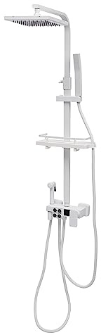 Duschsystem Regendusche mit Armatur Duschset Duscharmatur Komplettset Duschgarnitur Duschsäule mit Thermostat Verstellbarer Duschschiene Weiß Lackiert - 4 Auslässe