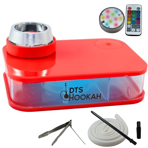 DTS HOOKAH | Chicha Kit Complet avec LED, Télécommande et Tuyau Silicone | Shisha Hookah Design Portable en Acrylique | Système Chauffe Charbon Naturel | Pack Chicha Complet Voiture (Red)