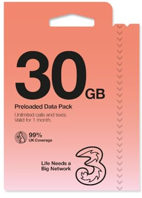 Three Mobile PAYG Voice SIM Pack - 30GB - £15