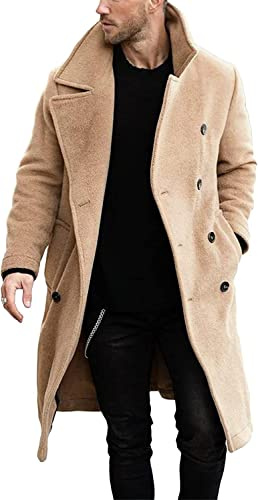 Runcati Men's Coat Regular Fit Trench Coat Long Lapel Double Breasted Wool Business Winter Jacket Peacoat Beige M