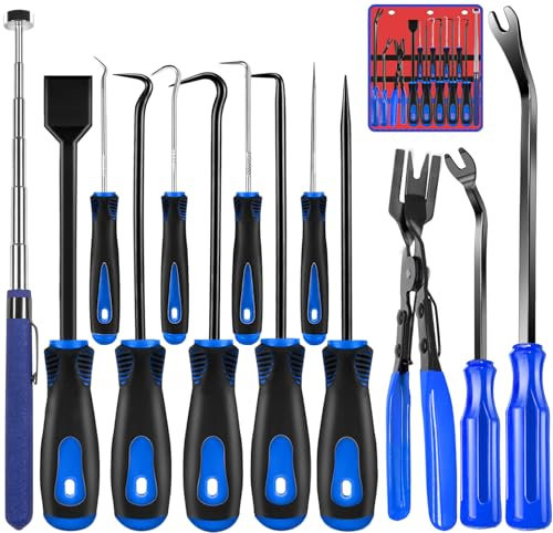 XQX 13 Pcs Mechanic Hook and Pick Tool Set with Auto Clip Removal Plier Rivets Puller Telescoping Magnetic Pickup Gasket Scraper for Automotive Repair