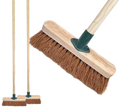 10” Soft Broom Natural Coco Bristles with Wooden Handle Durable Support Bracket Sweeping Brush Indoor for Cleaning Wooden Floor, Patios, Garage, Decking & Paving Slabs(Soft Coco Bristles, Pack of 2)