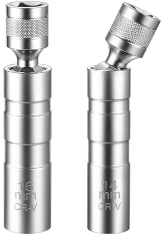 2 x Thin Wall Spark Plug Socket, 14mm 16mm Universal Joint 3/8 inch 12-point Magnetic Swivel Spark Plug Socket Set, Magnetic Spark Plug Wrench Spark Plug Spanner, Car Repair Spark Plug Removal Tools