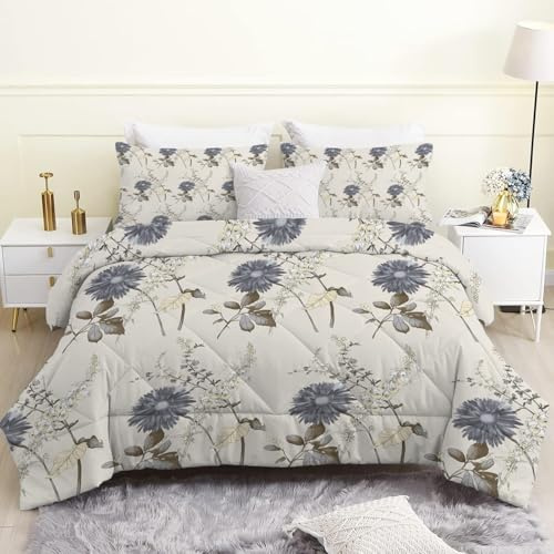 Linfye Bettdecke 135x200 4 Jahreszeiten, Pflanze Beige Vierjahreszeiten Steppdecke 135x200, Warme Ganzjahresdecke Graublaue Blumen Bettdecke ohne Bezug Waschbar Schlafdecke mit 2 Kissenbezug 80x80cm