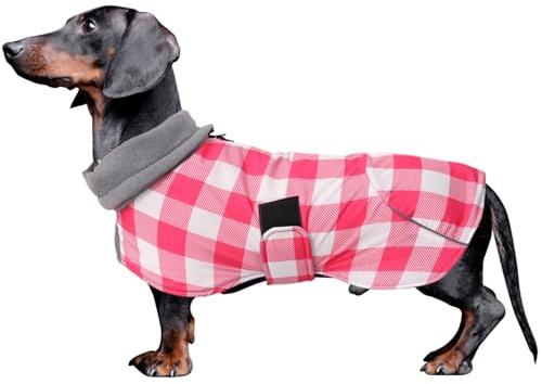 MOREZI Hundejacke ist eine wasserdichte, mit Fleece gefütterte Hundewinterjacke mit verstellbarem Gürtel und Reflexbesatz, geeignet für Dackel und ähnliche Rassen-Kariert Rosa-M