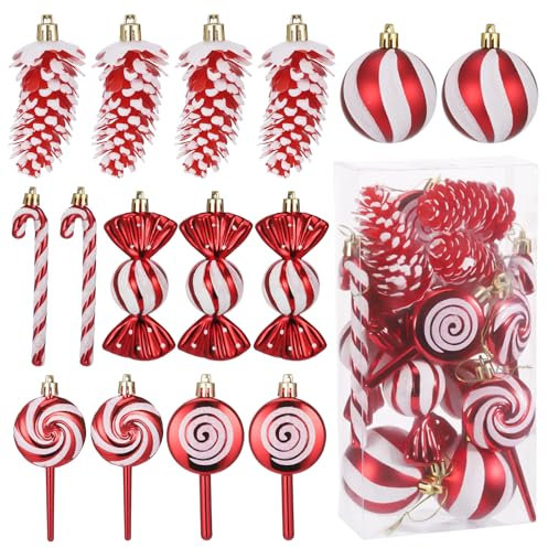 Zocipro Lot de 15 Boules de Noël, Décorations pour Sapin de Noël, Canne en Bonbon, Pommes de Pin, Sucettes, Bonbons, Pendentifs à Suspendre, Decoration Noel Sapin Rouge et Blanc