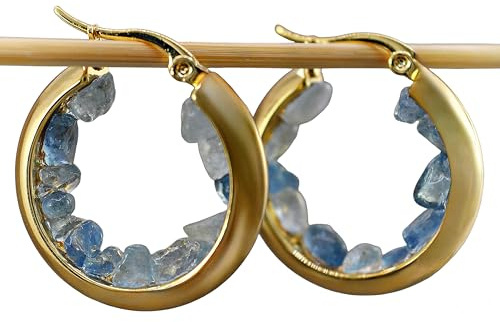 Lady Mirage - Aquamarin Creolen - Edelstein Ohrhänger für Damen in Blau Gold Edelstahl | Handmade Schmuck Geschenke | Perfekt für Geburtstags-, Weihnachtsgeschenke | Mama, Freundin, Schwester