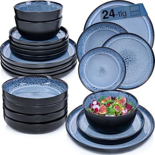 SÄNGER Aruba Steingut Geschirrset 6 Personen, Teller Set 24-tlg Blau | Handmade Geschirr Set: Tafelservice mit Tellern, Müslischalen & Pastateller, spülmaschinen- & mikrowellengeeignet, kratzfest