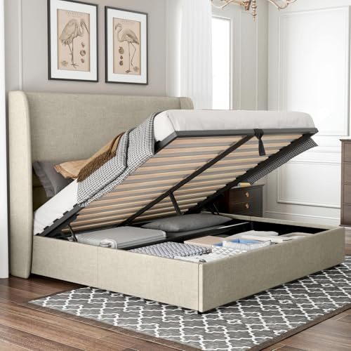Jocisland Queen Size Bed Frame Lift Up Storage Bed Linen Upholstered Bed Frame with Hydraulic Storage/Wingback Headboard/No Box Spring Needed/Khaki