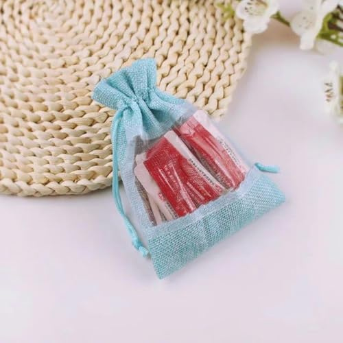 Organza-Geschenksäcke 10 Stück Sackleinen-Geschenkbeutel mit Kordelzug und transparentem Organza-Fenster, for Weihnachten, Hochzeit, Party, Schmuck, 10 x 14 cm(Blu)