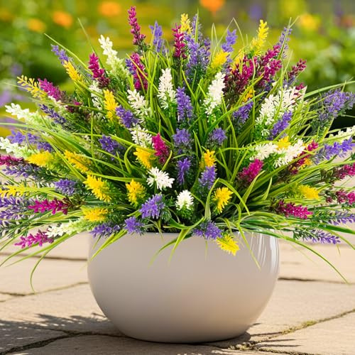 N&T NIETING 10 Bundles Artificial Plants Outdoor Fake Monkey Grass with Flowers for Pot Garden Verandah Easter Decor for Window Garden Office Patio Hanging Planter Pathway Front Porch (Mix Color 2)