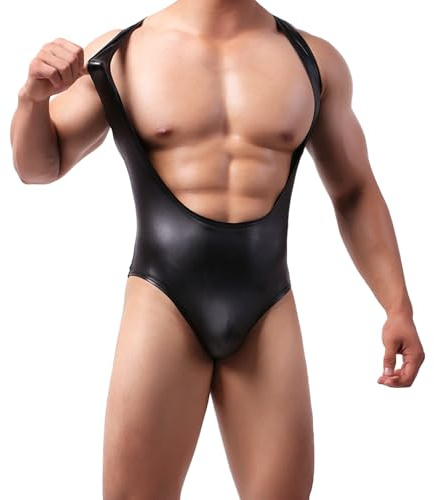 Rrongwn Herren Latex Bodysuit Sexy Elastisch Unterwäsche Öl Glanz Body Ärmellos Bodysuit Einteiler Catsuits Lack Leder Overalls Wrestling Singlet Atmungsaktives Unterhemd Pu Overall Stringbody