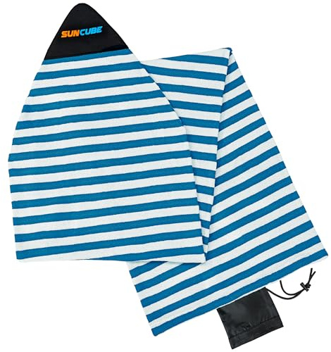 SUN CUBE Surfboard Sock Cover, Protective Surf Bag for Surfing Board, Light Stretchy Surfbag Sleeve for Shortboard, Hybrid (6'0'', Blue White)