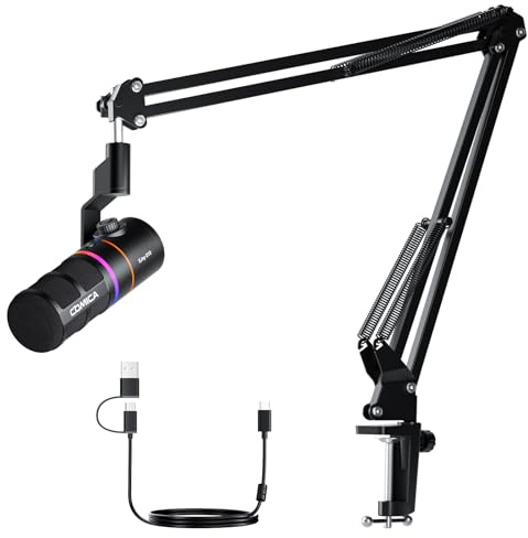 COMICA EJoy D10(A) Dynamisches Gaming Mikrofon mit Arm (Schwarz) | XLR/USB-C Dual Output, Calmix Noise Cancellation, RGB Beleuchtung & Mikrofonarm für Podcast Streaming Studio, für MAC PS4 PS5