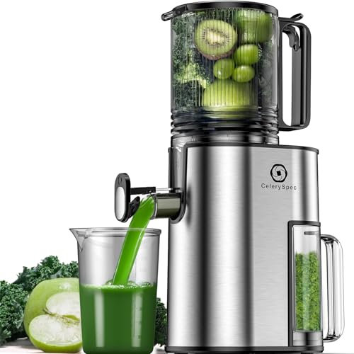 CelerySpec Extractor de Jugos de Frutas y Verduras, Prensado en Frío con Calibre de 130mm, Slow Juicer de 250W, Capacidad de 1,8L, Sin BPA, Fácil de Limpiar, Acero Inoxidable
