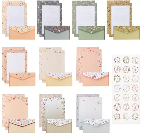 90 Stück Briefpapier mit Umschlag Set Florale Briefumschläge Briefpapi A5 schulbriefpapier Umschläge Stationary Paper Blumenmuster Schönes Briefpapier Mädchen mit Thank you Versiegelte Aufkleber
