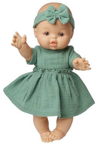 Heless 54022 - Mädchen-Babypuppe Gordi von Paola Reina, mit Musselin-Kleid in Salbeigrün und passendem Haarband, 100 Prozent Bio-Baumwolle, Puppe in der Größe 34 cm