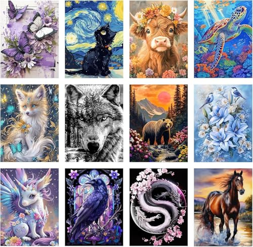 Mupmod 12 Pack 5D Diamond Art Kits for Adults - Animals Diamond Painting DIY Paint with Round Full Drill Diamond dots for Beginners, Gem Paintings for Home Wall Decor 12X16 Inch