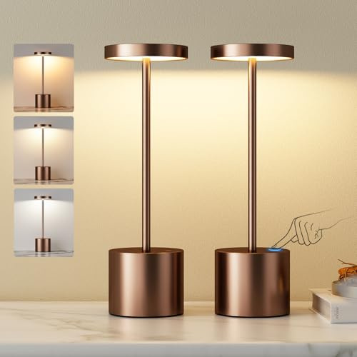 PreeOtti Tischlampe Akku, LED Tischlampe Kabellos, Tischleuchte Kabellos Akku mit 3 Farbtemperatur, Touch Nachttischlampe Dimmbar, Stufenlos Dimmbar für Schlafzimmer, Outdoor, 2 Stück, Kaffee